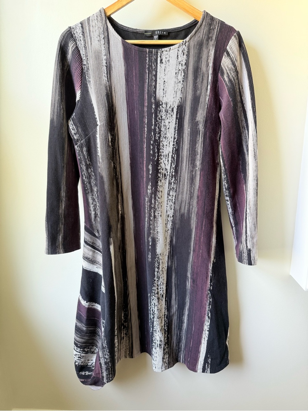 KOZAN Striped Ribbed Dress Abstract Artsy ‎ Lagenlook Boho Art to Wear Modern L